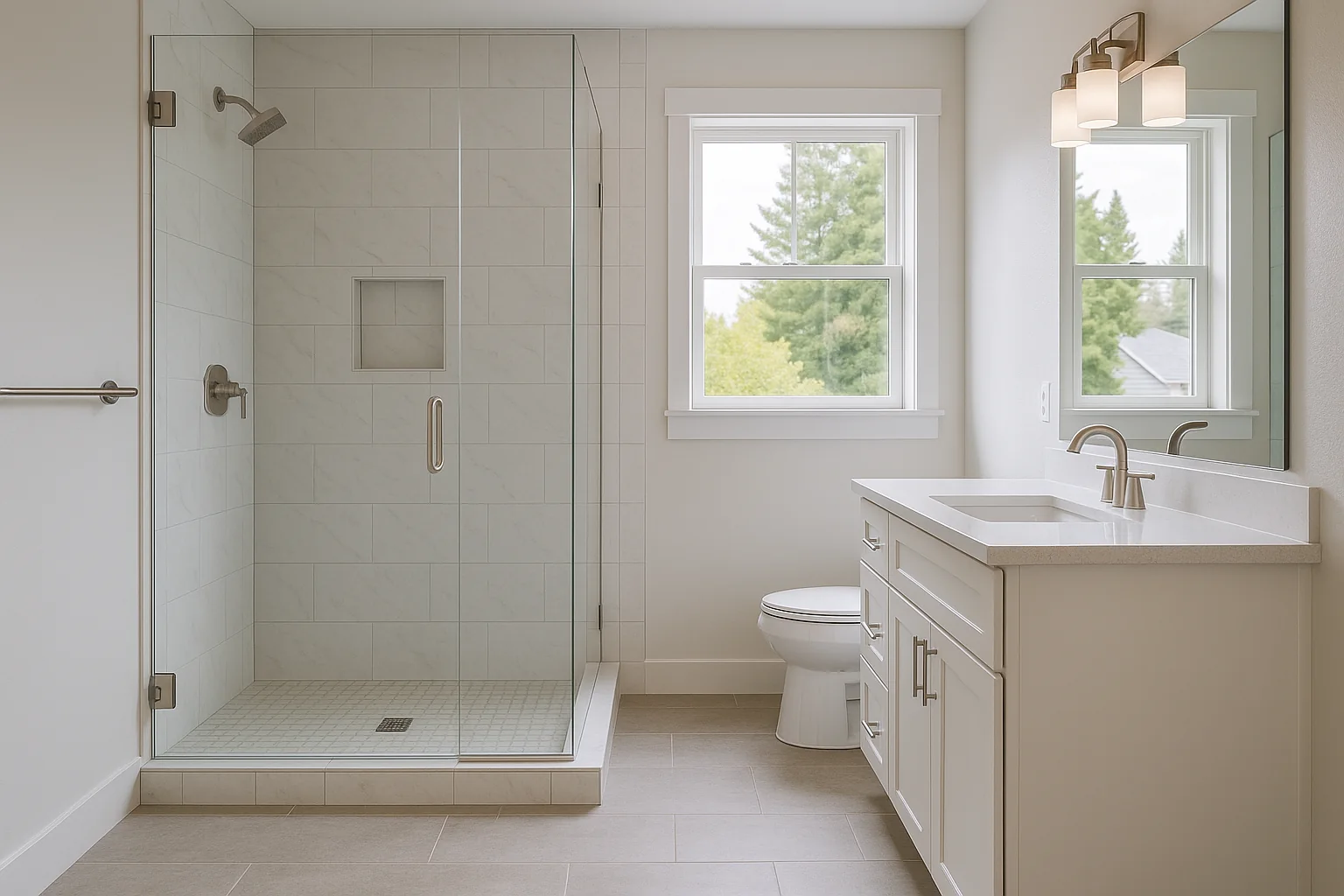 Remodeled modern bathroom in a Portland home with tile and clean fixtures