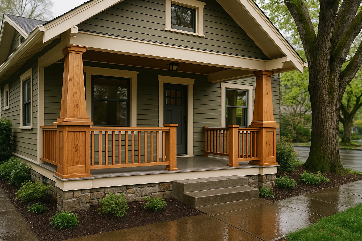 Restored front porch on a Portland craftsman home under gray sky
