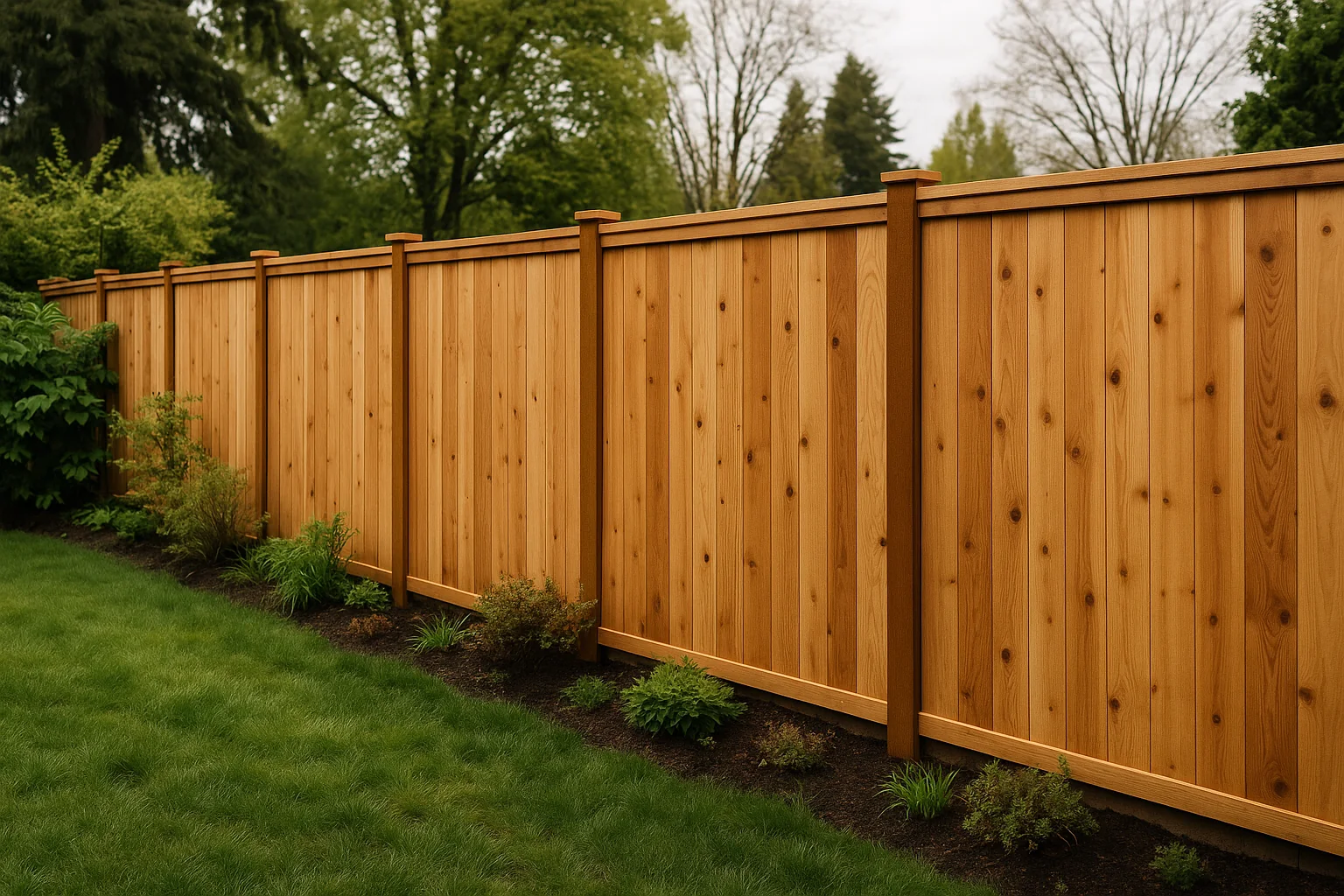 New cedar privacy fence in a Portland backyard under soft gray light