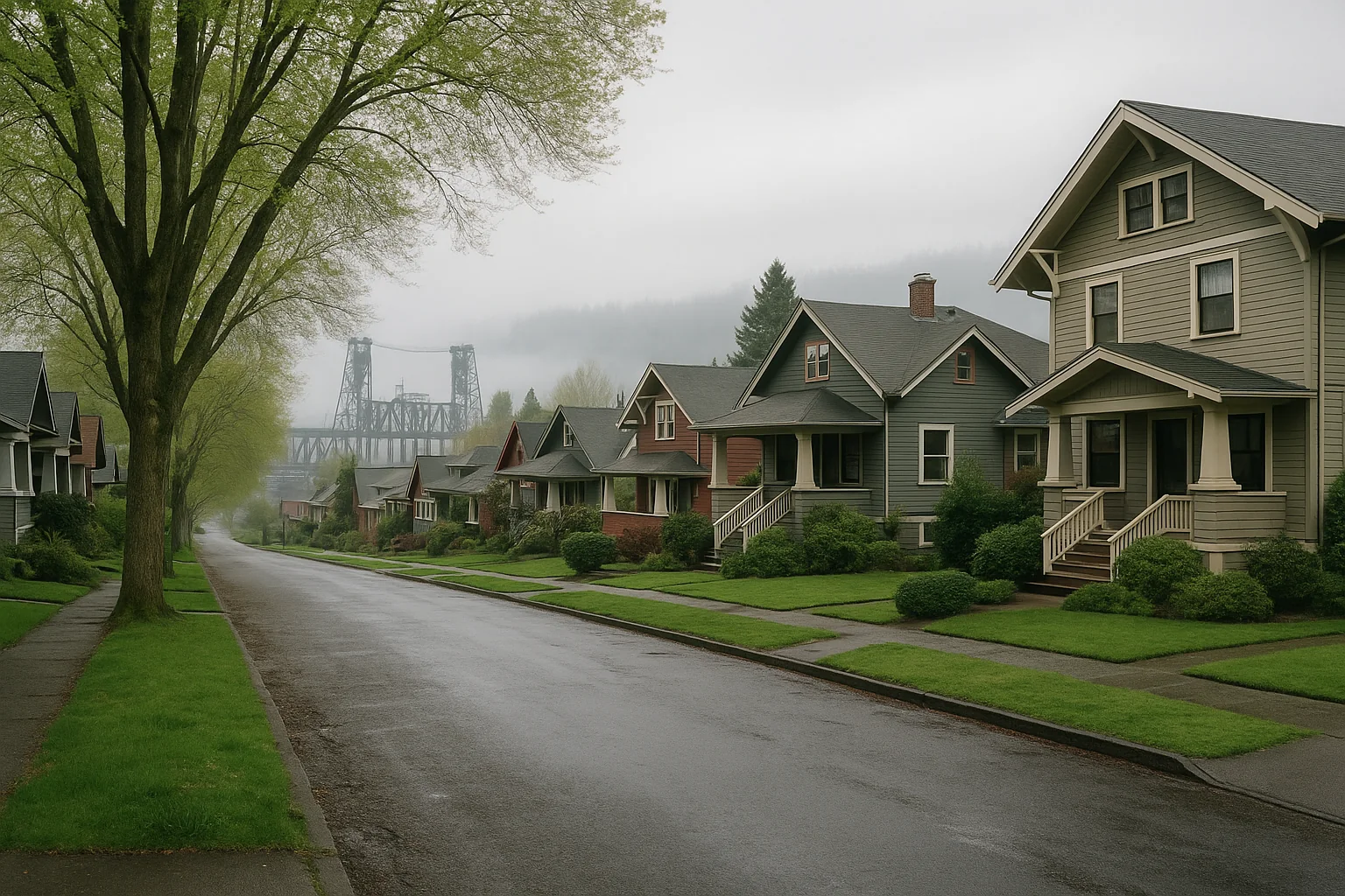 Portland, Oregon craftsman neighborhood with a bridge and the river beyond