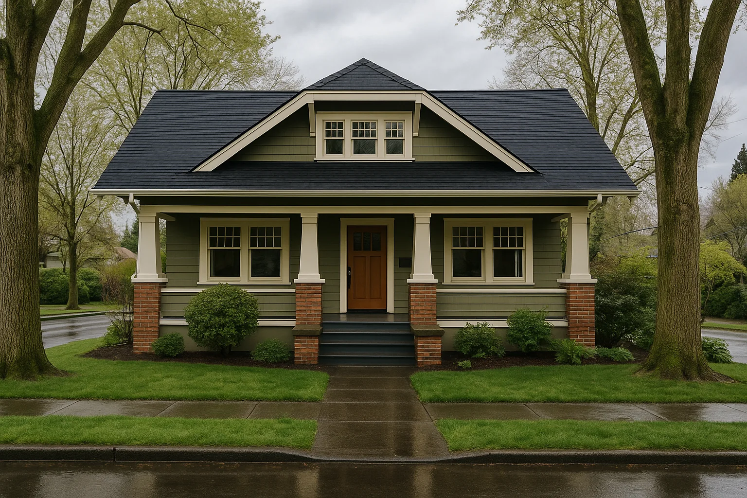 New composition roof on a Portland craftsman bungalow under gray sky