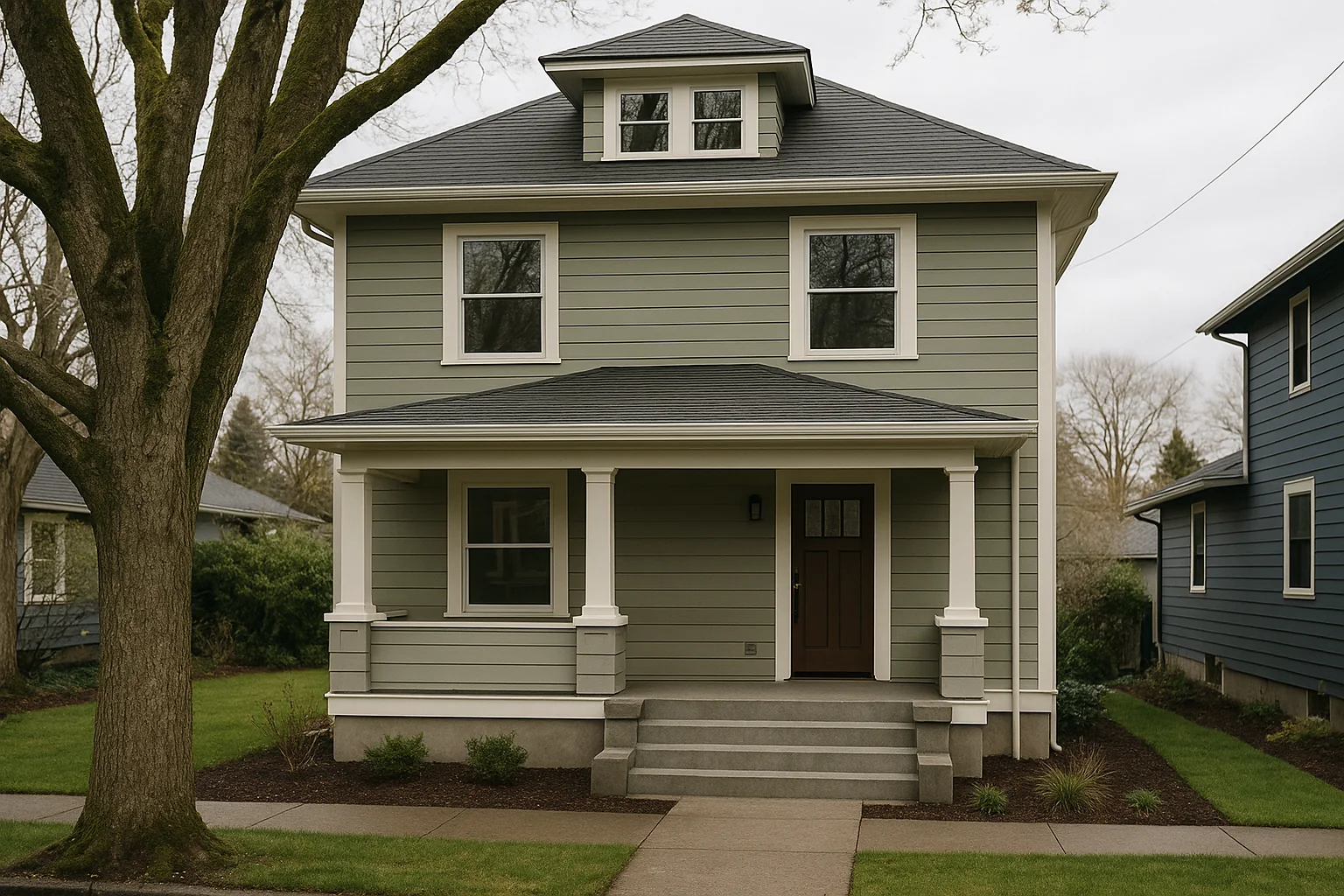 Fresh fiber cement siding on a Portland foursquare home