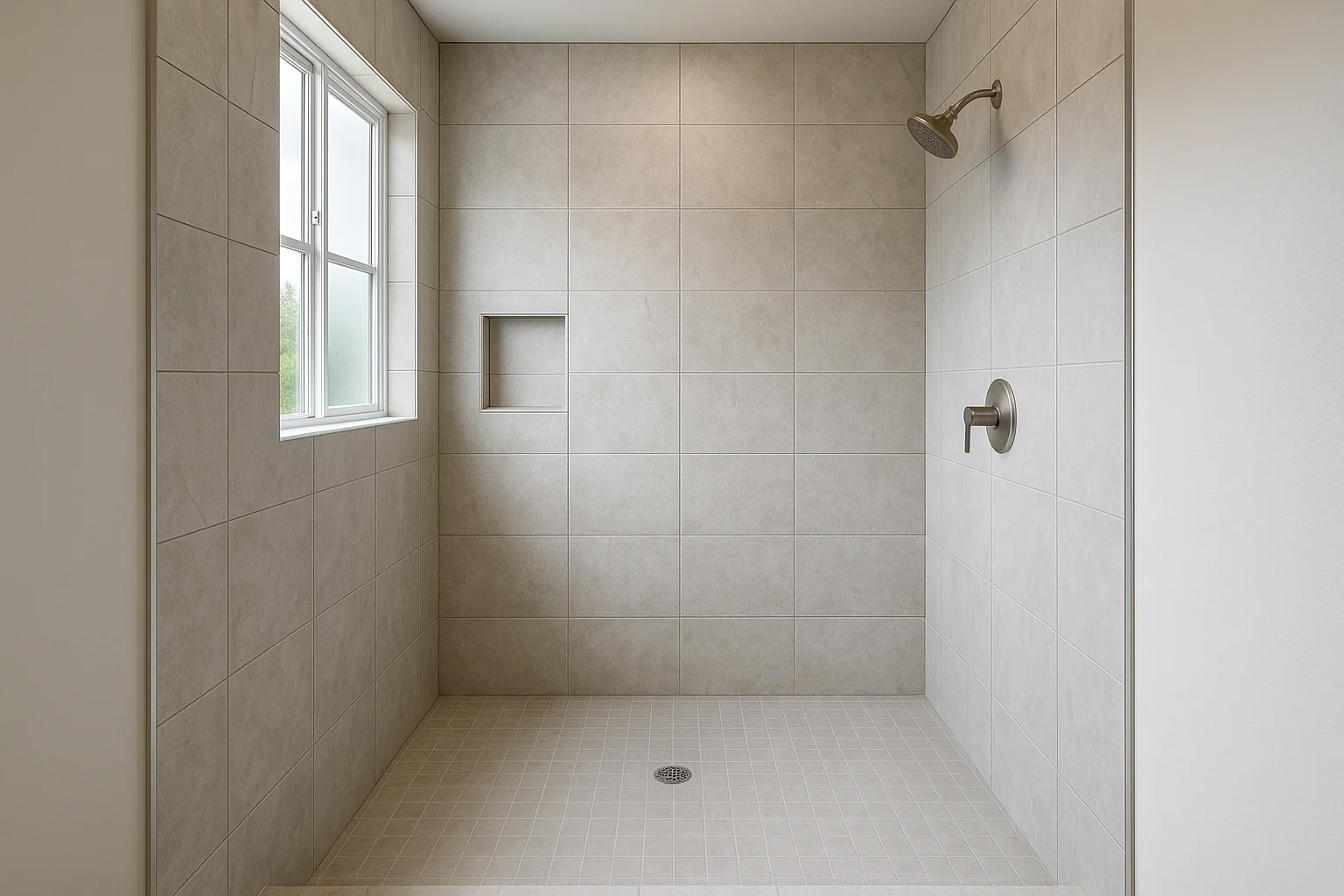 Newly tiled walk-in shower in a Portland home bathroom